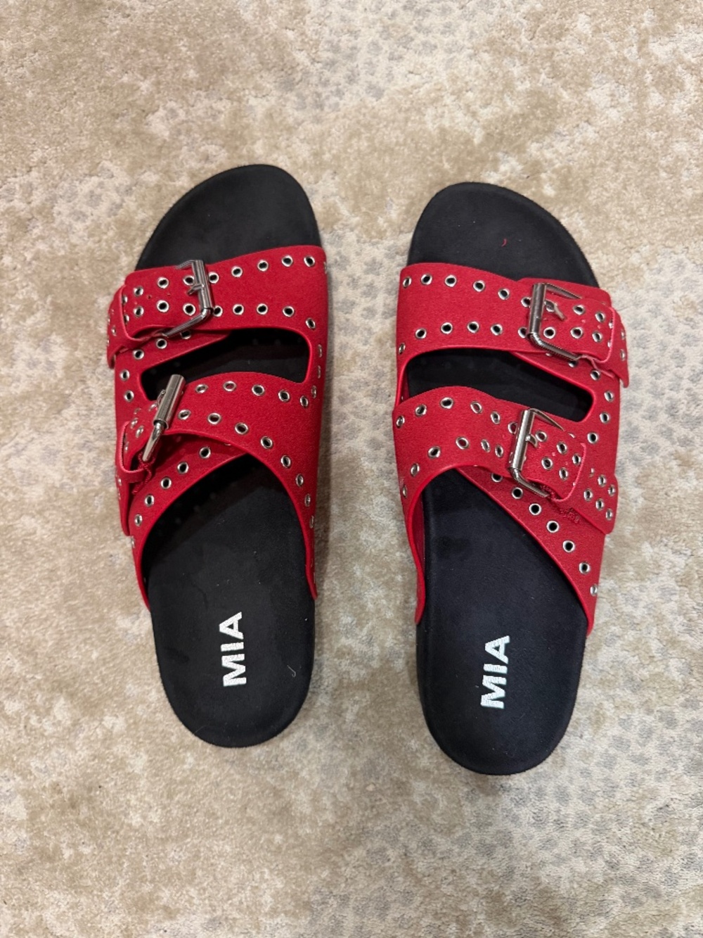 RED SLIDES 2 STRAP BY MIA BRAND. STYLE BROOKLYN METAL EYELET SANDALS SIZE 10 NEW